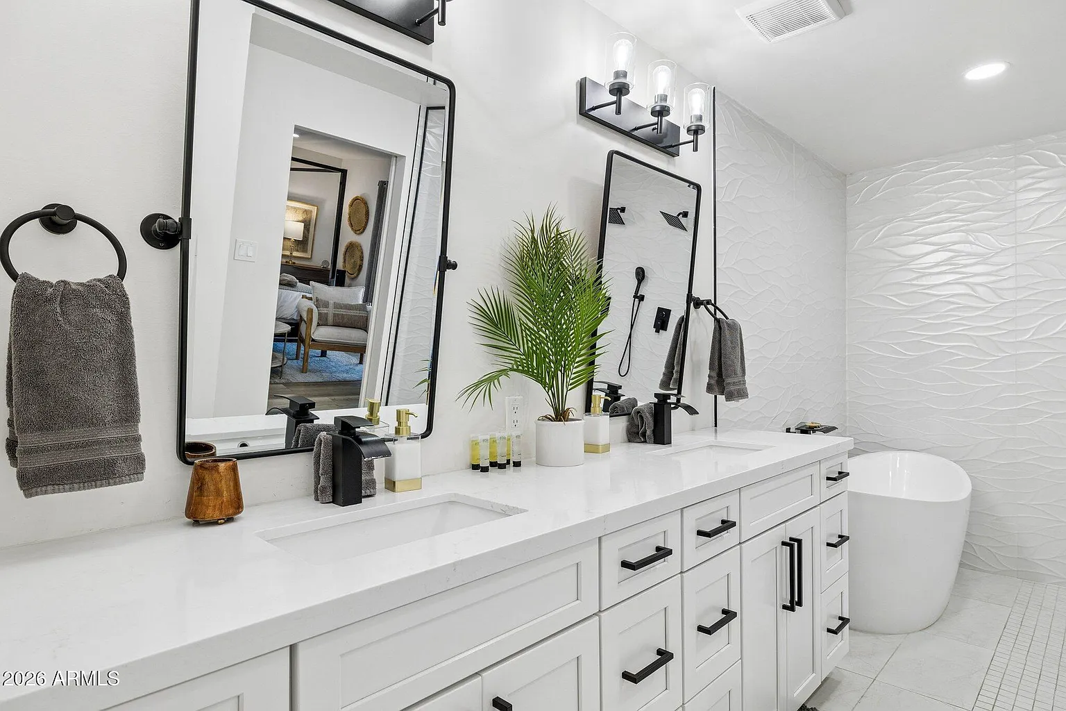 Primary bath with double vanity and freestanding tub